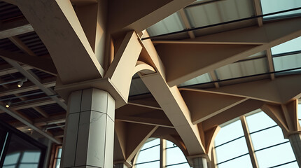 Fototapeta premium Modern Architectural Design: Geometric Ceiling and Columns. Clean lines, interplay of light and shadow, showcasing contemporary building aesthetics.