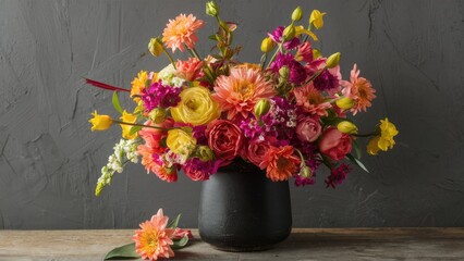 Vibrant flower arrangement featuring colorful dahlias, roses, and tulips in a black vase against a textured grey background on a wooden surface