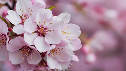 Obraz premium Delicate pink cherry blossoms in full bloom, clustered on branches with soft blurred pink background, capturing the essence of springtime beauty.