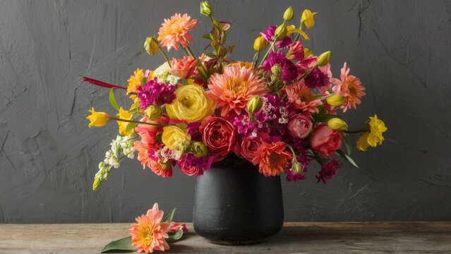 Vibrant flower arrangement featuring colorful dahlias, roses, and tulips in a black vase against a textured grey background on a wooden surface - Powered by Adobe