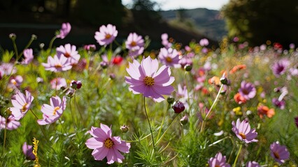 Obraz premium Vibrant cosmos flowers blooming in a colorful field during late autumn with pink petals and green foliage under soft natural light