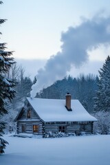 A cozy cottage with smoke rising from the chimney in a snowy landscape
