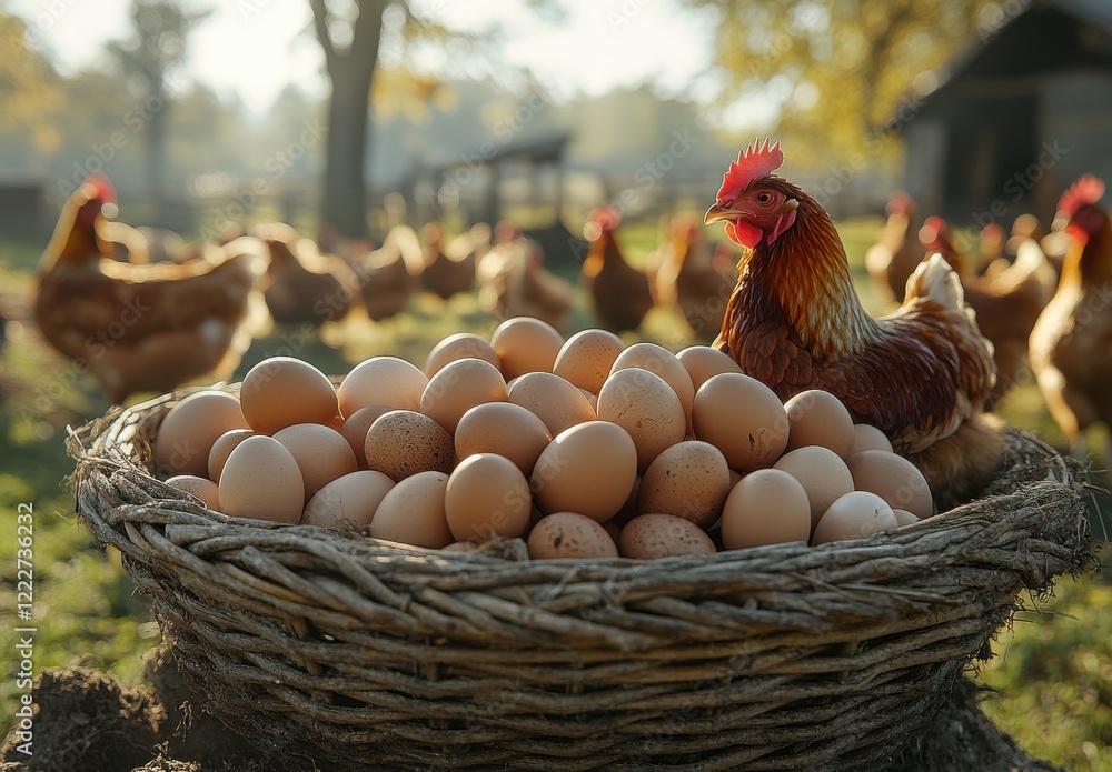 Poster chicken overseeing abundant fresh eggs in a natural farm setting surrounded by free-range hens with 