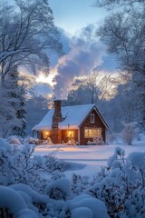 A cozy cottage with smoke rising from the chimney in a snowy landscape