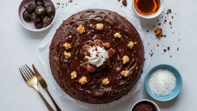 Decadent chocolate brownie cake topped with whipped cream and walnuts surrounded by bowls of ingredients on a light textured surface.