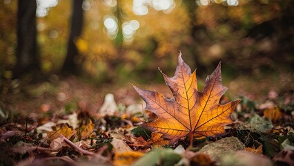 Autumn woodland scene with vibrant orange leaf in foreground surrounded by soft blurred background of golden foliage and fallen leaves