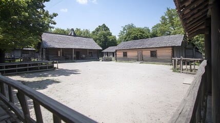 Historic Wooden Cabins Rustic Village Courtyard Scene