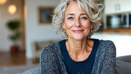 Silver-haired woman with joyful smile in stylish living room setting during daytime