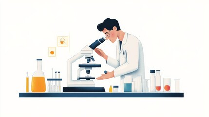 A lab technician calibrating a microscope with care, surrounded by professional equipment, isolated on a white background,