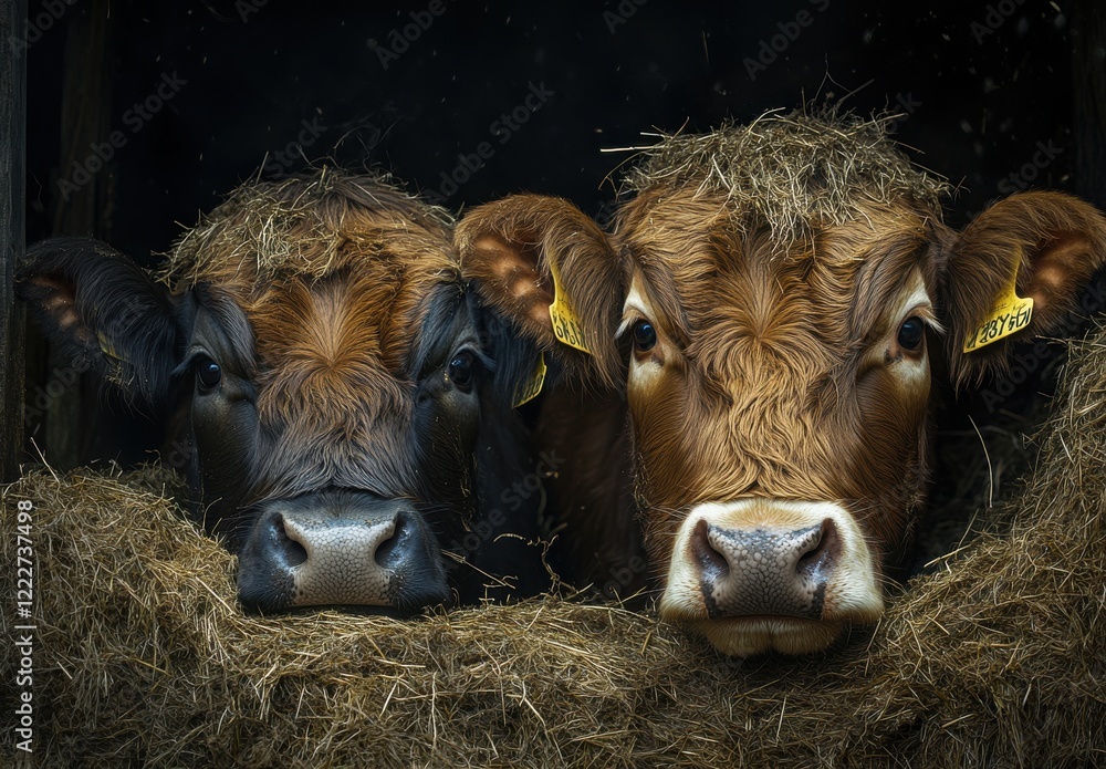 Poster close up portrait of two cows surrounded by straw in a rustic barn, capturing their expressions and 