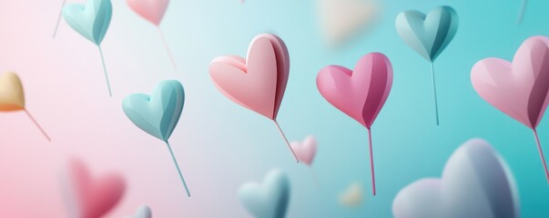 Floating heart balloons in pastel colors against gradient background