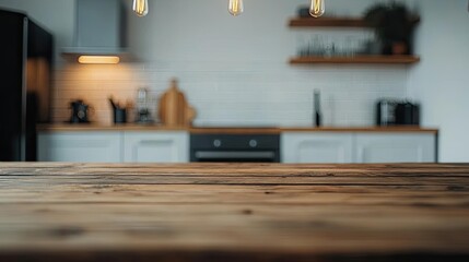 Obraz premium Sustainable home minimalist idea. A cozy kitchen interior highlighting wooden elements and modern appliances.