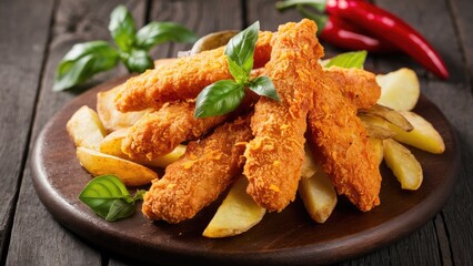 Fototapeta premium Crispy golden fried chicken strips served on a wooden platter with potato wedges and fresh basil leaves, featuring a rustic brown background.