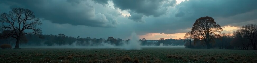 Dark gray clouds dominate the somber autumn sky, with a few wispy strands of fog emerging from the ground, somber, atmosphere, gloomy