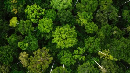 Naklejka premium Lush green treetops in a dense forest viewed from above with various shades of green creating a vibrant natural canopy pattern.