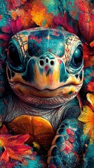Fototapeta premium Close-up of a turtle painting with flowers on its head & water in the background