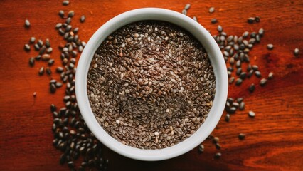 Chia seeds in a white bowl centered atop a polished wooden surface with scattered seeds around, showcasing earthy tones of brown and beige.