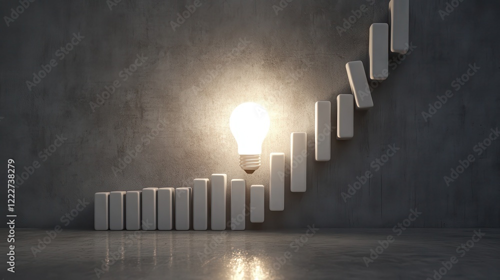 Poster light bulb drawing in a row of gray domino, stopping the falling dominoes, problem solving and solut