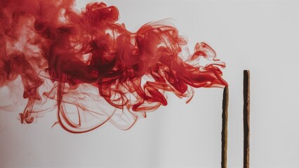 Red swirling smoke on a white background with two incense sticks positioned vertically; vibrant shades of crimson create an ethereal atmosphere.