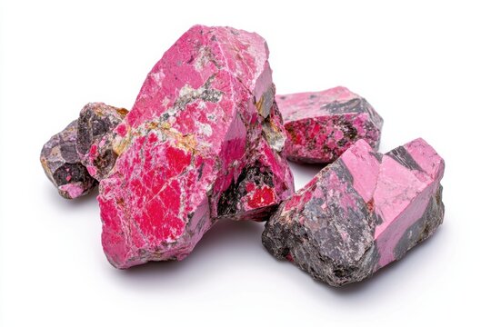 Stunning rhodonite stones with vibrant pink hues, showcasing unique patterns and textures, set against a clean white backdrop