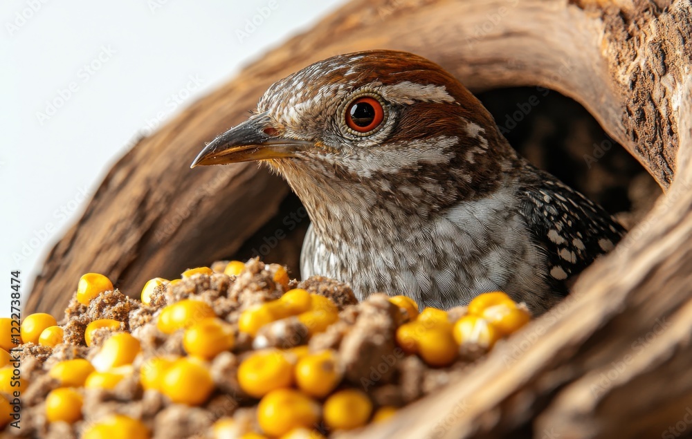 Poster close-up of a bird nesting in a tree hollow surrounded by yellow berries and nest materials featurin
