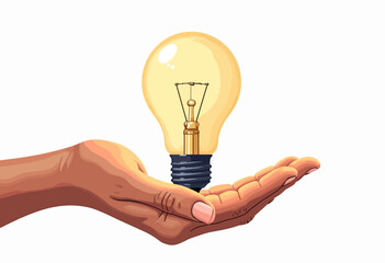 Minimal Hand and Bulb Vector: Clean color illustration with a white light bulb in hand, minimalist design, isolated on a white canvas. Perfect for ideas, solutions, and innovation.
