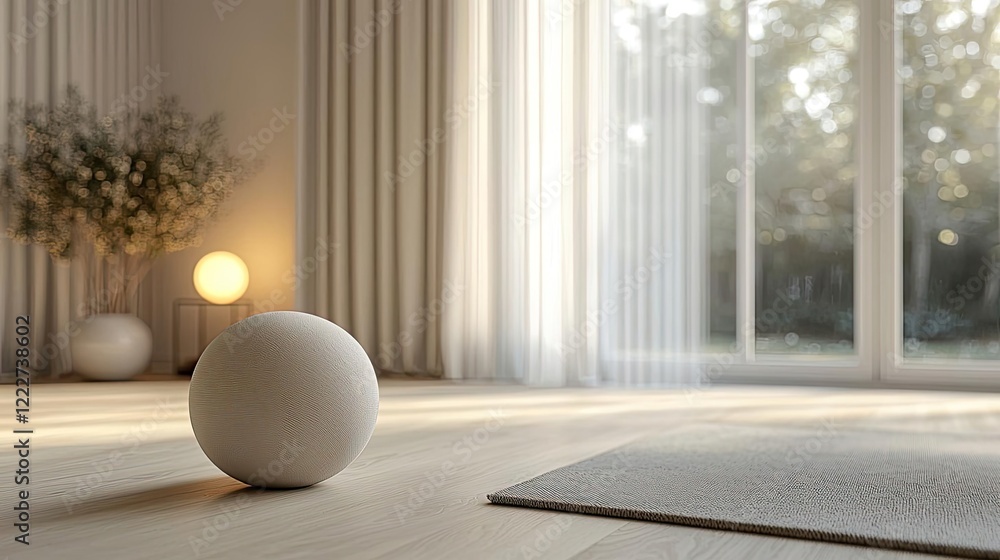 Poster minimalist home idea. a serene minimalist interior with a soft light and a spherical object on the f