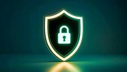 Digital security glowing green shield icon with padlock isolated on background. data protection,...