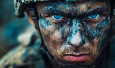 Intense Close-Up of Military Soldier with Blue Eyes and Camouflage Face Paint in Combat Setting, Generative AI