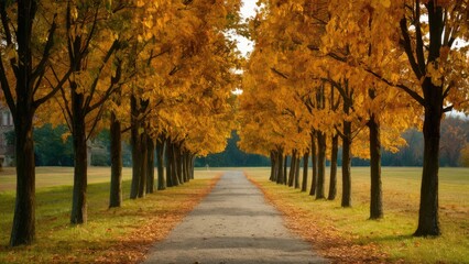 Naklejka premium Autumn pathway with vibrant orange and yellow leaves lining a gravel path under soft afternoon light creating a serene outdoor atmosphere