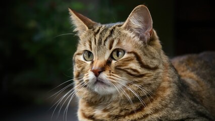 Brown tabby cat with golden eyes looking thoughtfully to the left against a soft blurred green background, showcasing detailed fur texture and facial features.