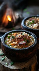 Hearty Scotch Broth with Tender Meat, Barley, and Vegetables in Rustic Bowls - Warm Comfort Food for Cozy Evenings, Generative AI