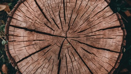 Close-up of a tree stump's detailed texture showcasing natural rings and cracks in earthy tones of brown and tan against a dark background.