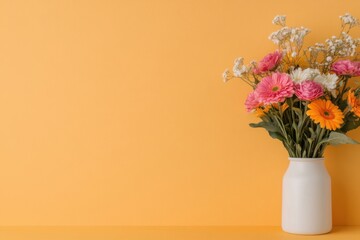 Fototapeta premium Colorful gerbera flowers in white vase on orange background