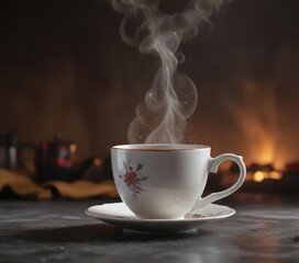 Fototapeta premium Gentle steam rises from a delicate porcelain cup filled with black tea , morning, elegance