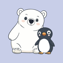 Polar Bear and Penguin Sliding Together vector illustration