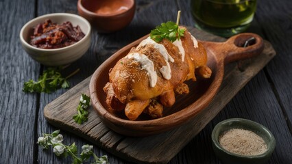 Delicious Brazilian coxinha appetizer served in a wooden dish, garnished with cilantro and sauce, surrounded by spices and dipping sauces on a rustic table.
