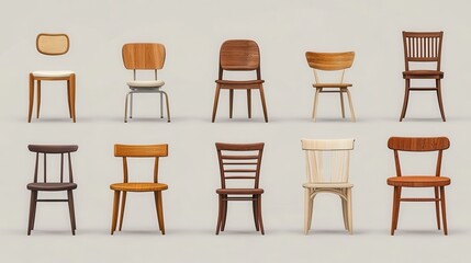 Chair set. Comfortable empty chairs collection. Wooden, metal, plastic, wicker, rolling, modern, old, luxury, classic, home, office, garden chair set. Interior furniture decoration style