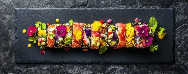 Colorful sushi roll with flowers and herbs on slate plate