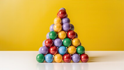 Colorful pyramid toy made of balls in purple yellow green red stacked on a white surface against a vibrant yellow background