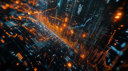 Trading concept with stock market graphs, financial diagram and line charts at abstract dark background. 3D rendering illustration