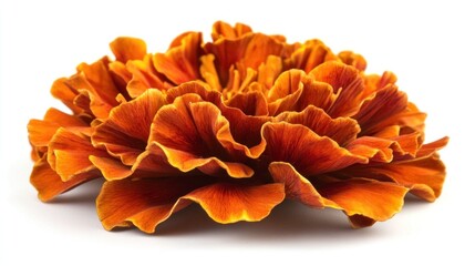 Close-up of a vibrant orange marigold flower against a crisp white background