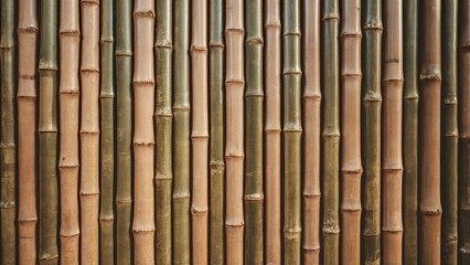 Bamboo wall texture featuring vertical brown and green hues with smooth and rough sections, arranged closely in a natural pattern.
