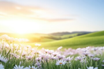 Obraz premium Sun-kissed wildflowers bloom in serene countryside landscape at dusk
