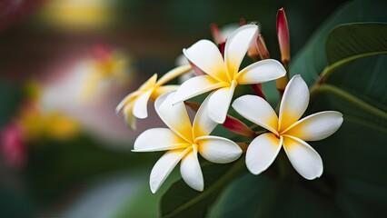 Fototapeta premium Vibrant frangipani flowers in focus with creamy white petals and bright yellow centers amidst soft green leaves in a blurred background setting.