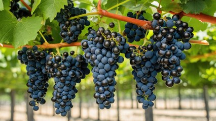Fototapeta premium Clusters of ripe dark grapes hanging in lush green vineyard with a vibrant background showcasing a sunny day in a bountiful agricultural setting
