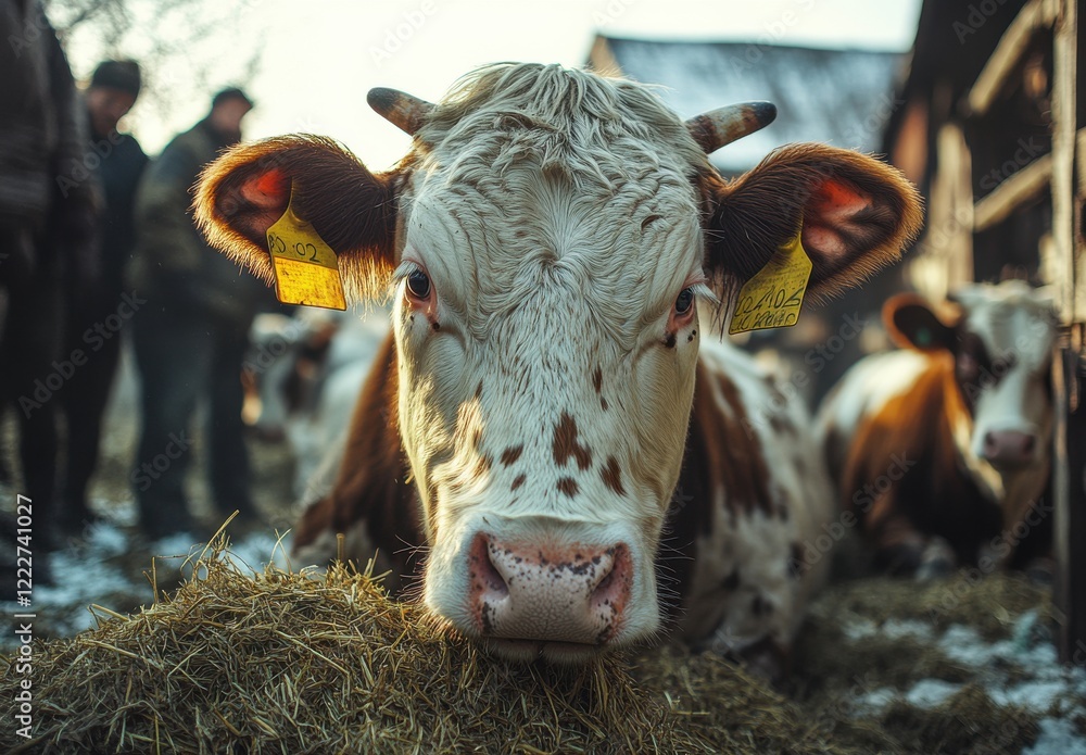Poster close-up of a brown and white cow enjoying hay in a rustic farm setting with farmers in the backgrou