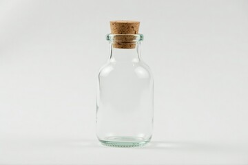 Glass bottle with tightly sealed cork resting on a white surface, white, isolated