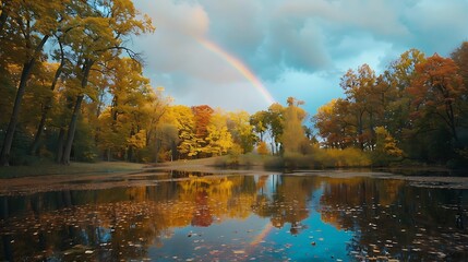 Rainbow forming above a quiet pond surrounded by autumn trees, using 35mm, f22, cinematic wide angle lens