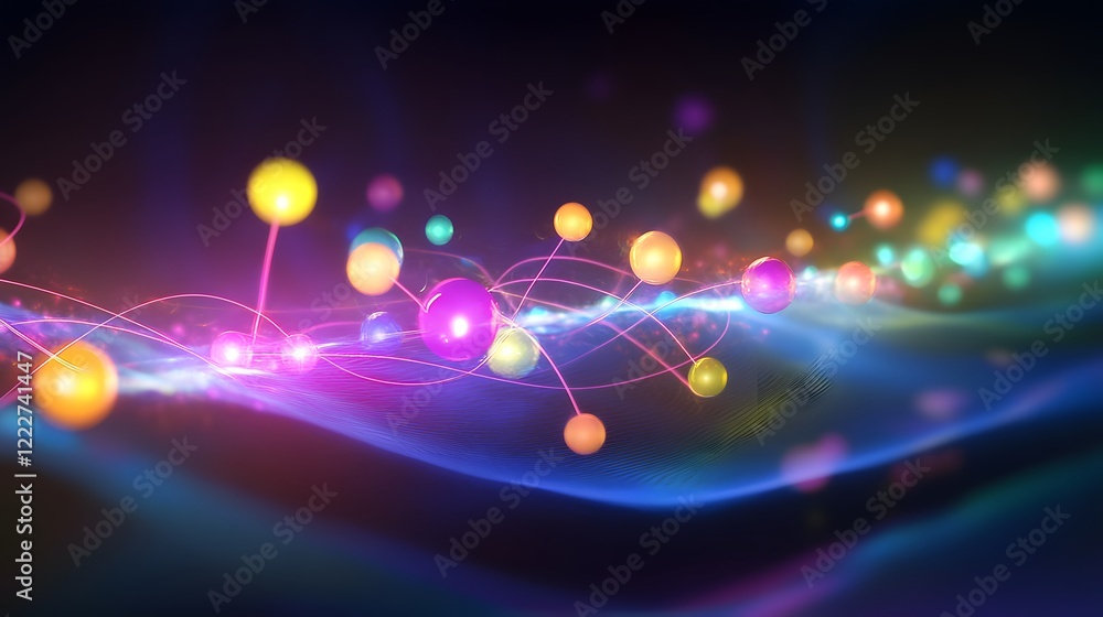 Poster a futuristic visualization of quantum superposition, with glowing particles existing in multiple sta